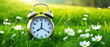Time change in spring. Daylight saving time. Alarm clock on beautiful nature background with green grass and white flowers meadow