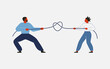 Tug of war between man and woman. Struggle for gender equality or conflicting interests or values. Husband and wife are pulling rope as symbol of control in relationships. Vector illustration