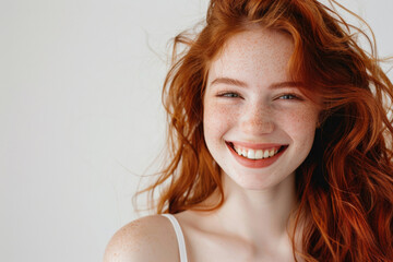 Canvas Print - portrait of young redhead woman with freckles, smiling. girl with long red wavy hair looking happy and radiant. ginger female on white background, isolated with copy space