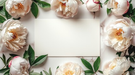 Poster - An aesthetic mockup of a blank wedding invitation viewed from above, surrounded by scattered peonies. Generative AI.