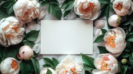 Wall Mural - An aesthetic mockup of a blank wedding invitation viewed from above, surrounded by scattered peonies. Generative AI.