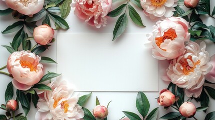 Aufkleber - An aesthetic mockup of a blank wedding invitation viewed from above, surrounded by scattered peonies. Generative AI.