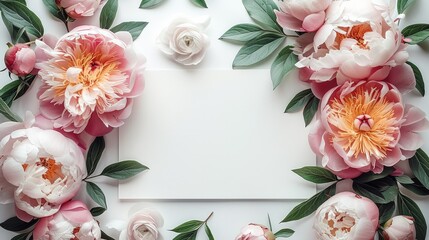 Poster - An aesthetic mockup of a blank wedding invitation viewed from above, surrounded by scattered peonies. Generative AI.
