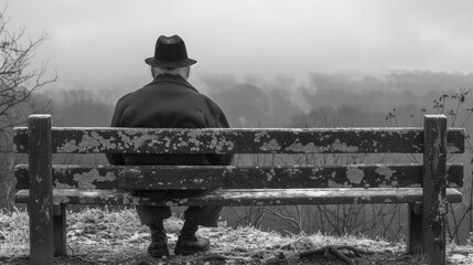 An elderly veteran sits alone on a weathered bench, his eyes fixed on the horizon, lost in memories of battles fought and comrades lost, his silent vigil a poignant reminder of the cost of freedom.