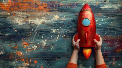 Poster - A child's hand reaches out to grasp a red rocket toy on a colorful wooden background. Encouraging children to explore their imaginations and take risks.