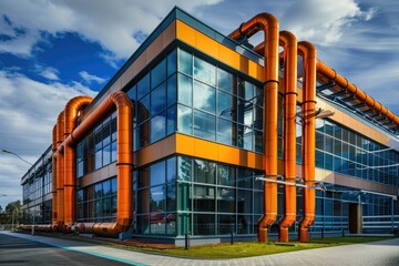 Poster - Modern industrial building with pipes, heat exchangers and valves.