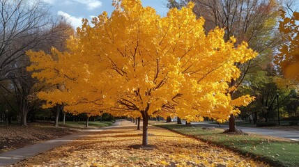 Wall Mural - The leaves on the trees are turning a beautiful shade of yellow, signaling the arrival of fall.