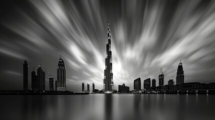 Wall Mural - architecture photography black and white of Burj Khalifa, Dubai, long exposure sky