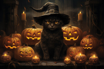 Wall Mural - Generative Ai of Spooky Halloween Cat with a  witch hat and jack-o-lanterns.	
