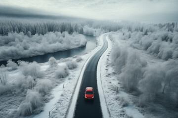 Wall Mural - Generative Ai of winding forest road seen from above