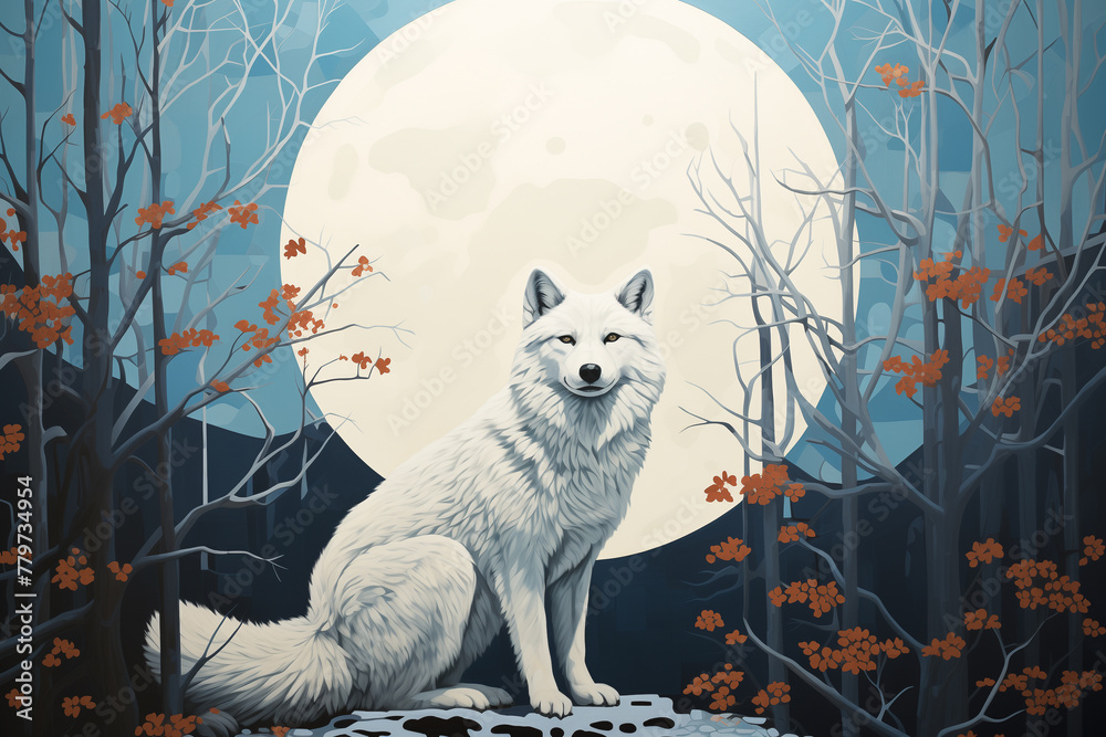 Generative Ai of a white wolf and full moon drawing. Stock Illustration ...