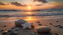 Lowing Love Shaped And Star Shaped Stones On A Sunset Beach