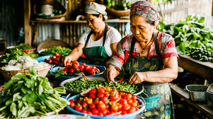 Two women in traditional attire sorting vegetables at a vibrant market stall, fresh tomatoes and greens in the foreground.