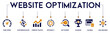 Website Optimization banner website icons vector illustration concept of with an icons of page speed, conversation rate, traffic, efficiency, keywords, ranking, caching, link build on white background