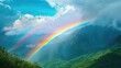 Breathtaking Rainbow Arches Over Majestic Mountain Landscape with Lush Vegetation and Dramatic Cloudy Sky