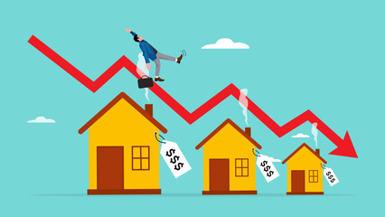 housing prices fall, decline in real estate and property prices, property investment losses, businessman fell from a red graph running down the roof of the house concept illustration