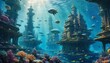 An ethereal underwater cityscape with towering structures amid vibrant marine life, evoking a sense of serene otherworldliness. AI Generation
