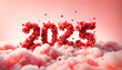 Romantic rose numbers of '2025' floating on fluffy clouds against a soft pink backdrop, perfect for Valentine's events, love-themed promotions, or anniversary celebrations.
