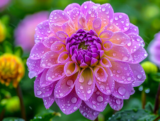 Wall Mural - A beautiful purple flower with a yellow center is surrounded by green leaves
