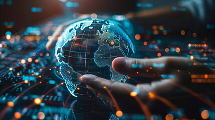 hologram of earth, eart network, hologram of future world communication. planet as a blue hologram