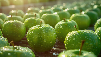 Wall Mural - Green apples with water drops in sunlight.