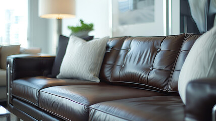 Wall Mural - Brown leather sofa in a bright living room