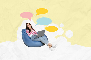 Poster - 3D collage artwork image of young hardworking lady sit in beanbag work hold laptop on legs chatting conversation have rest break