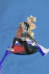 Canvas Print - Vertical photo collage of serious sportive girl do stretching pilates wildflowers bush bloom healthcare isolated on painted background