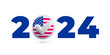 USA election 2024 numbers with checkmark symbol. Realistic vector 3d voting round badge with American flag. US 2024 politic presidential election campaign pin 3d render, ballot sign.