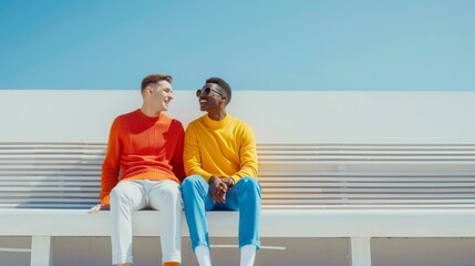 Gay couple enjoying a sunny day together in colorful attire