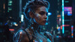 A sultry cyberpunk dryad, her metallic skin glistening under neon lights in a futuristic cityscape.