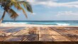 wooden table summer beach background, vacation and holiday product concept