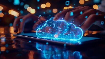 Poster - Cloud Technology Interaction on Digital Tablet. Fingertips touching a digital tablet screen displaying a dynamic cloud technology interface, representing remote computing and data sharing.