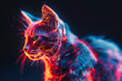 Glowing wireframe visualization of a serene cat against a translucent background, exuding grace and tranquility