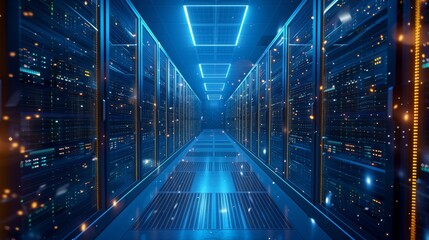 Poster - Futuristic Server Room with Blue Neon Lights. Corridor through a futuristic server room bathed in blue neon lighting, illustrating cutting-edge network technology.