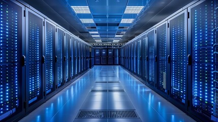 Poster - Modern Data Center Server Room with LED Lights. Aisle in a high-tech data center server room with blue LED light illumination, representing network infrastructure.