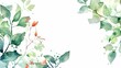 Elegant watercolor leaves and buds with delicate splashes on a clean background. Botanical border concept with copy space for design and print. Natural green foliage illustration.