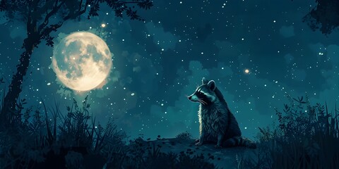 Sticker - Enchanting Moonlit Scavenger A Raccoon s Nocturnal Adventure in the Whimsical Forest Landscape