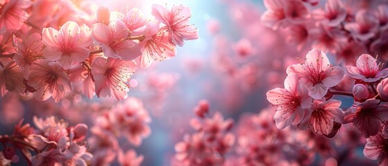 Sticker - On a sunny day, pink sakura flowers bloom on a mysterious spring floral background.