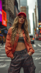 young girl with urban and trendy clothing style in the streets of a city