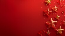 Red And Gold Star Decorations With Confetti On A Red Background
