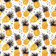 Watercolor seamless pattern with bright pineapples and dots isolated on white background.