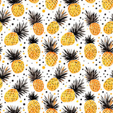 Fototapeta Dziecięca - Watercolor seamless pattern with bright pineapples and dots isolated on white background.