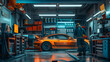 Mechanic working on a car in a well-equipped garage at night. Vibrant, detailed illustration for automotive repair and maintenance themes in a dramatic and colorful setting