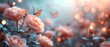 An ethereal spring banner with blooming rose flowers and butterflies against a blurred background surrounded by glowing bokeh.