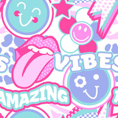 abstract seamless chaotic pattern with retro elements, words, heart, lips, stickers. funny texture b