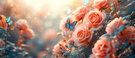 Wall Mural - A mysterious fairytale spring or summer fantasy floral banner with blooming roses, a peacock's eye and blue butterflies on a blurred beautiful background with soft pastel colors and sun rays.