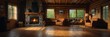 log cabin theme empty living room home interior with wooden floor, fireplace and adequate lighting panoramic wide angle from Generative AI