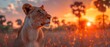 The pride of a lioness sleeps in the savanna as the sun sets in Africa. Savannah safari landscape with palm trees, king of animals. Spectacular warm sunlight, red clouds in the sky. Pathetic dreaming