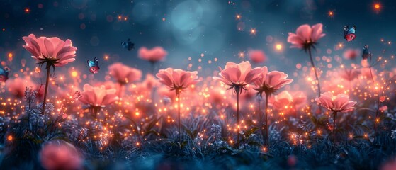 Canvas Print - Beautiful fantasy banner background with a magical night sky, starry sky, heavenly clouds, and romantic rose garden with fly-by peacock-eye butterflies. A tender, idyllic scene.